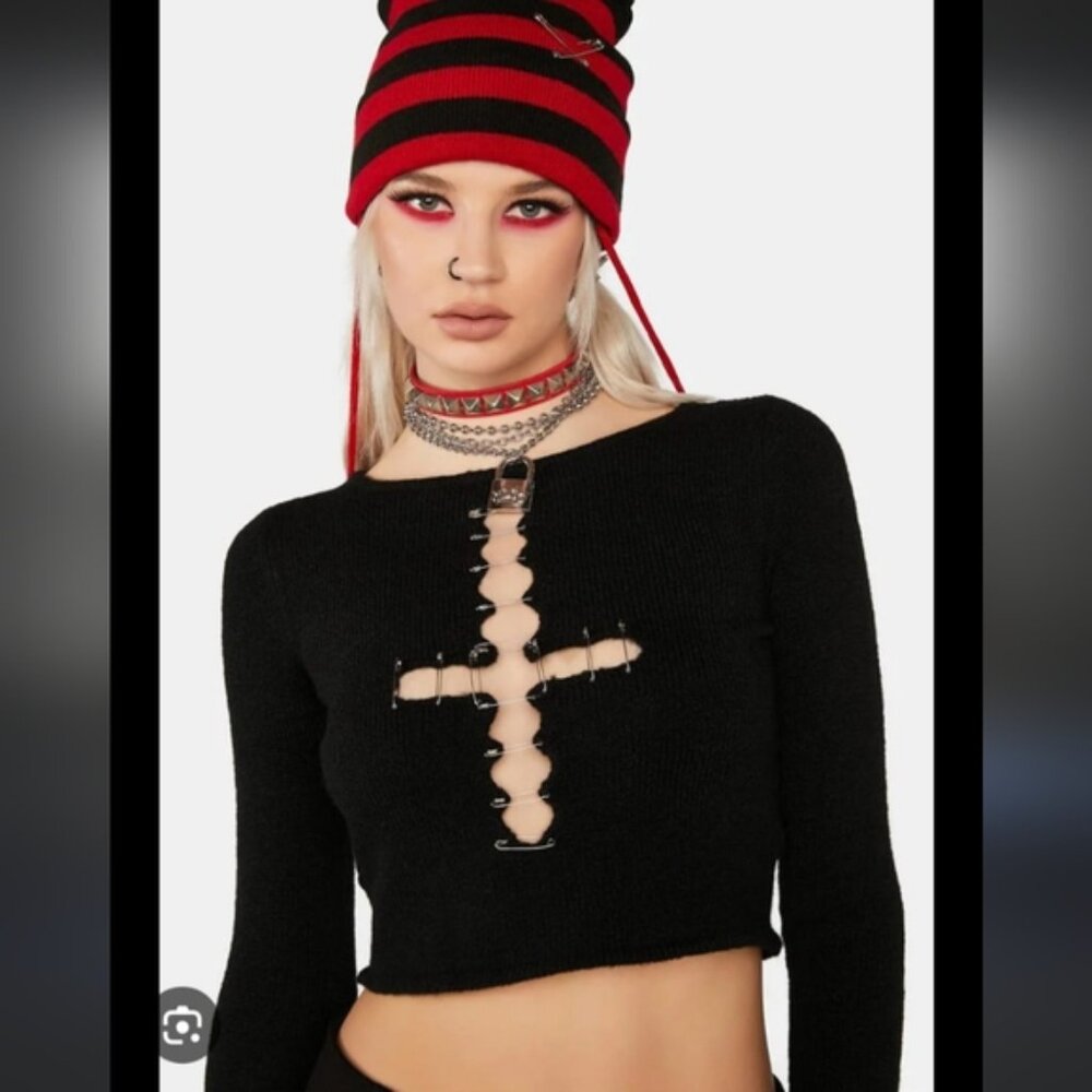 Dolls Kill Current Mood Pin Punk Goth Cross Cyberpunk Cropped Sweater S